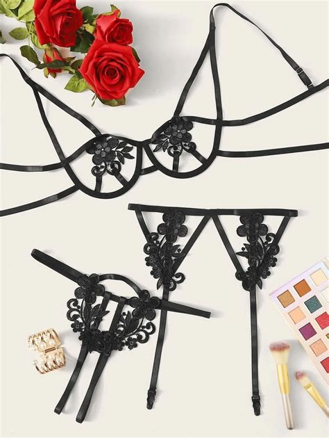 Floral Appliques Underwire Lingerie Set Garter Artofit