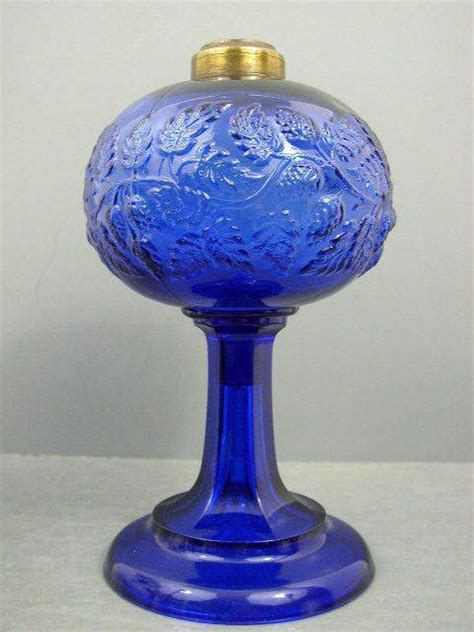 Antique Rare Cobalt Blue Sandwich Glass Blackberry Kerosene Oil Lamp Round Base Oil Lamps