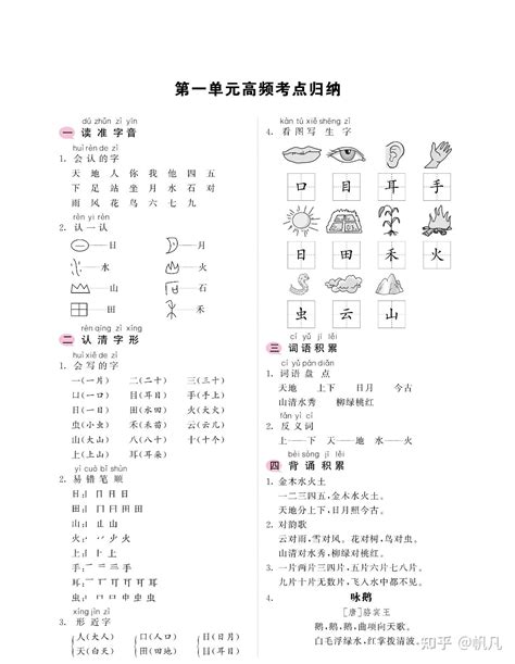 一年级上册语文考点归纳 1 8单元高频考点归，可打印，家长收藏备用 知乎