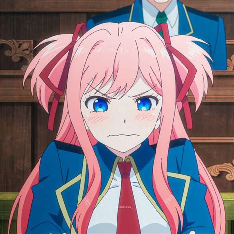 An Anime Character With Pink Hair And Blue Eyes Sitting On A Bench In Front Of Another Character