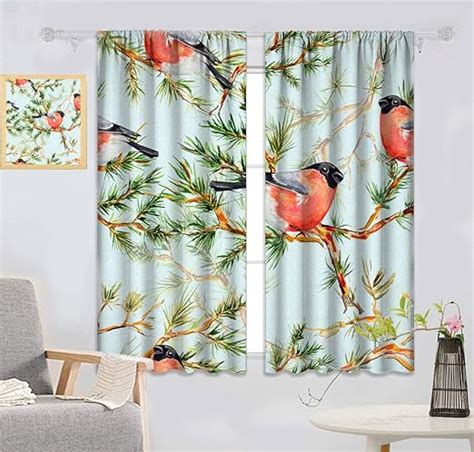 Birds Decor Curtains Window Treatment Nature Pattern With Cute Birds On Pine Branch Watercolor