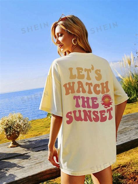 SHEIN EZwear Sun Slogan Graphic Drop Shoulder Tee LET S WATCH THE