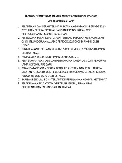 Protokol Serah Terima Jabatan Anggota Osis Periode 2024 Pdf