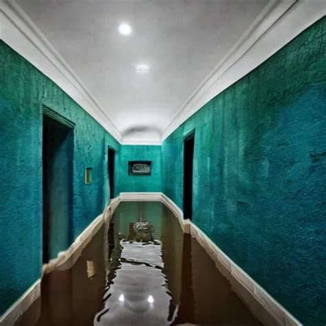 A Room Flooded With Blue Green Water Curved Hallway Stable