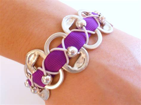 Pop Soda Can Tab Bracelet With Purple Ribbon Recycled Upcycled