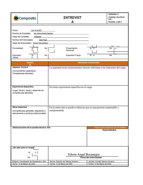 Formato Entrevista Jefe Inmediato Entrevist A Versi N Codigo Pa