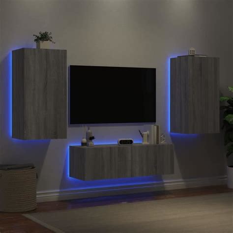 Meuble TV muraux 3 pcs avec lumières LED sonoma gris Qqmora xY0460