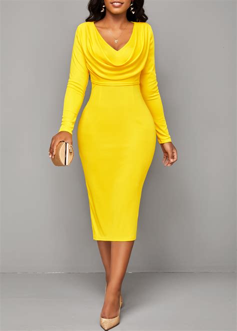 Rotita Split Yellow V Neck Long Sleeve Bodycon Dress Rotita Usd