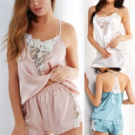 Pcs Set Women Sexy Satin Lace Sleepwear Babydoll Lingerie Nightdress