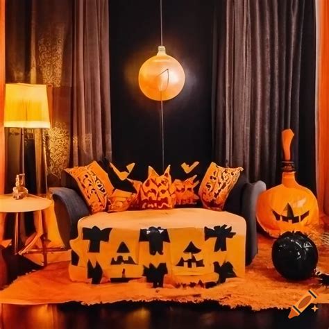 Halloween Themed Living Room With Orange And Black Decor