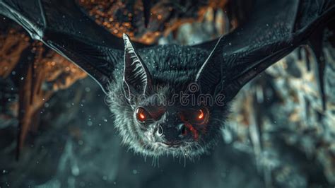 A Vampire Bat Hanging Upside Down in a Cave with Glowing Red Eyes Stock ...