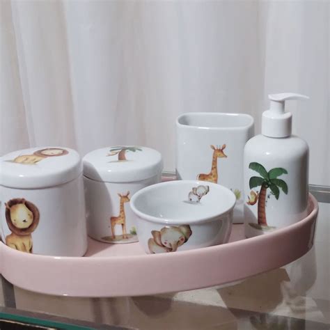 Kit Higiene Porcelana Safari Porta Pente Bandeja Oval Rosa Elo7