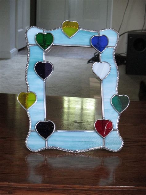 Stained Glass Heart Picture Frame With Light Blue Spectrum Glass And Multi Colored Hearts