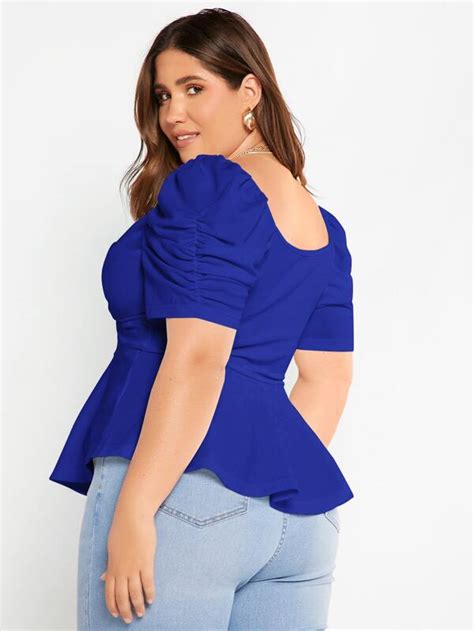 Evolushein Plus Puff Sleeve Sweetheart Neck Peplum Top Shein Usa