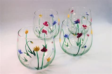 Wild Flowers Hand Painted Stemless Wine Glasses Painted Etsy