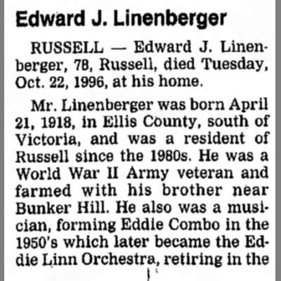 Obituary For Edward J Linenberger Aged Newspapers