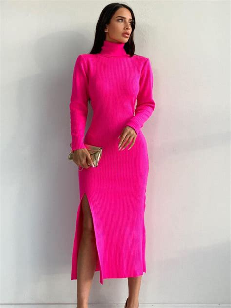 Long Sleeve Turtleneck Pink Knit Dress Lunathi