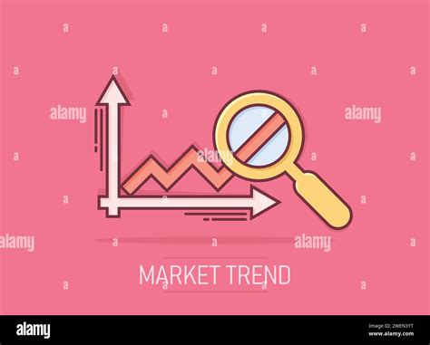 Market Trend Icon In Comic Style Growth Arrow With Magnifier Cartoon Vector Illustration On