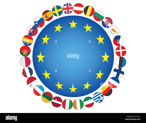 European Union Flag Icons Around Blue Sphere With Stars Stock Photo Alamy