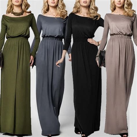 Women Daily Casual Polyester Solid Maxi Dress O Neck Long Sleeve Casual Beach Long Maxi Ankle