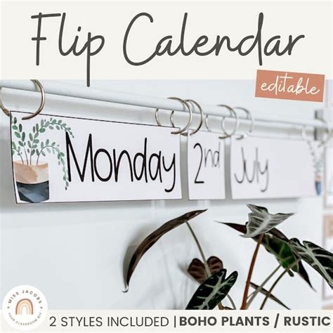 Flip Calendar Modern Boho Plants Rustic Classroom Decor Etsy