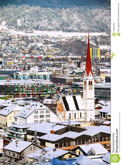 Aerial View Of Innsbruck Austria During The Winter Morning With Snow