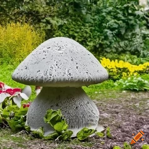 Concrete Mushroom Sculpture In A Flower Garden