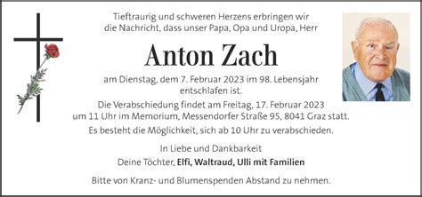 Traueranzeigen Von Anton Zach Trauer Kleinezeitung At