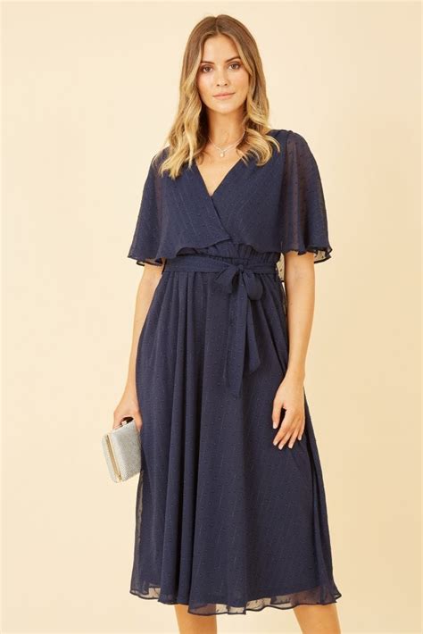 Yumi Navy Wrap Midi Dress With Flutter Sleeve Yumi