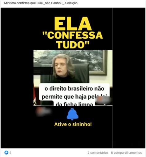 FALSO É falso que Cármen Lúcia tenha afirmado que Lula não ganhou as