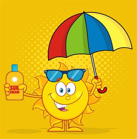 Cute Sun Cartoon Mascot Character Holding A Umbrella And Bottle Of Sun