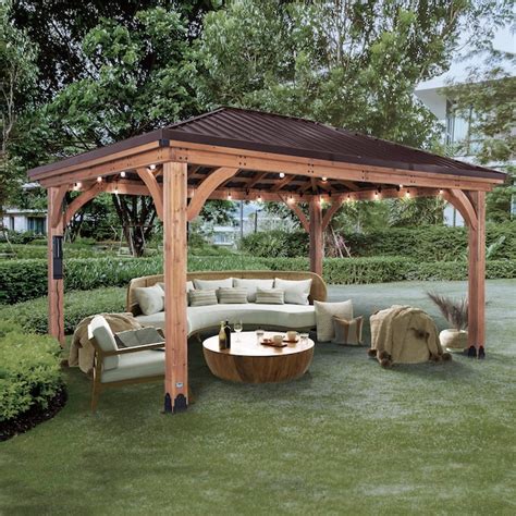 Backyard Discovery 14 Ft X 12 Ft Barrington Brown Wood Rectangle Gazebo With Steel Roof In The