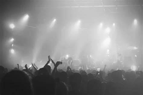 Black and White of Music concert crowds illuminated from stage lights ...