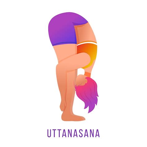 Uttanasana 평면 그림입니다 앞으로 구부리십시오 오렌지와 보라색 운동복에 요가 하 고 Caucausian 여자 연습