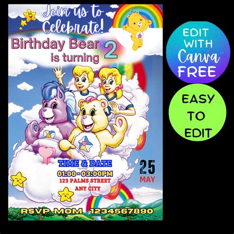 Editable Care Bears Birthday Invitation Birthday Bear Party Invite