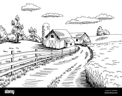 Farm field graphic black white landscape sketch illustration vector ...