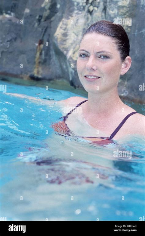 Therme Swimming Pool Woman Stand Water View Camera Smiles Enjoys