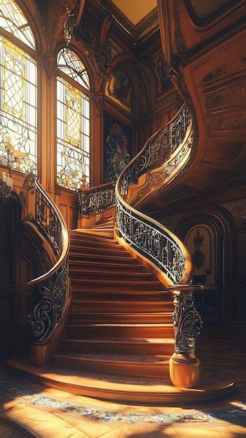 Grand Staircase In A Luxurious Mansion With Ornate Railings And Stained