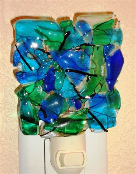 Confetti Night Light Greens And Blues Fused Glass 4614 Etsy Night Light Fused Glass Light