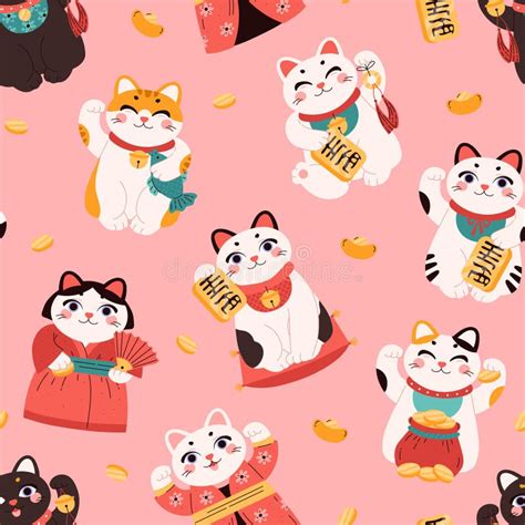 Seamless Vector Pattern With Japanese Maneki Neko Cartoon Lucky Cat