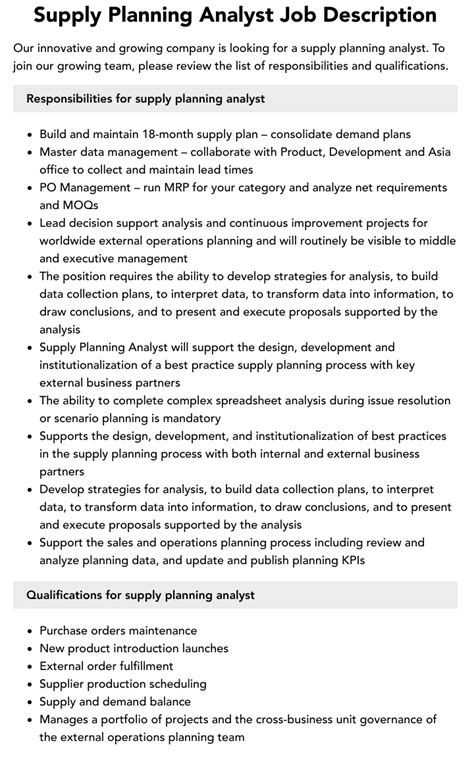 Supply Planning Analyst Job Description Velvet Jobs