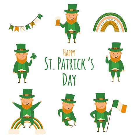 Premium Vector St Patricks Day Set Of Happy Leprechauns In A Flat