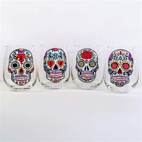 Sugar Skull Wine Glasses These Hand Painted Stemless Glasses Make Unforgettable Ts For Your