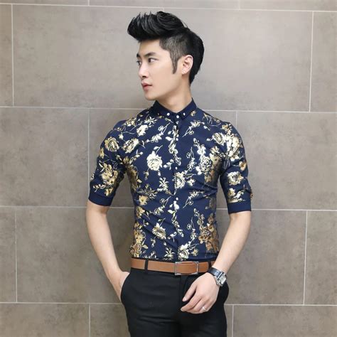 New Arrival Baroque Luxury Blue Gold Mens Floral Shirt Men White