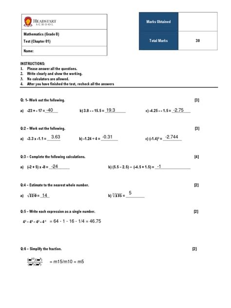 Grade 8 Mathematics Test Chapter 01 Pdf Mathematics Arithmetic