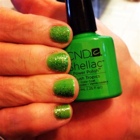 CND Lush Tropics Shellac With Green Sparkles St Patricks Day Nail