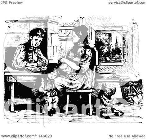 Clipart of a Retro Vintage Black and White Family Reading the Bible ...