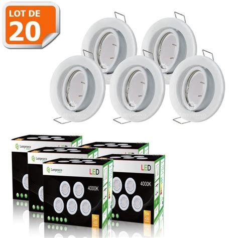 Lot De 20 Spots LED Encastrables Orientables Blancs Avec Ampoule GU10