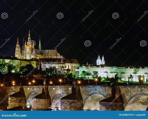 Charles Bridge at Night, Prague Stock Photo - Image of republic, lights ...