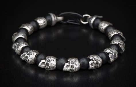 Beaded Skull Bracelet With Sterling Silver Frosted Black Onyx And Black Stainless Steel